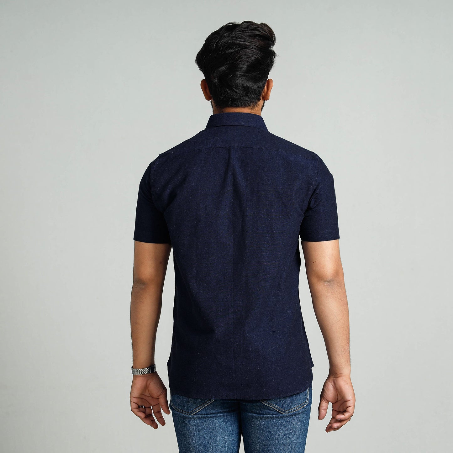 Navy Blue - Plain Handloom Cotton Men Half Sleeve Shirt