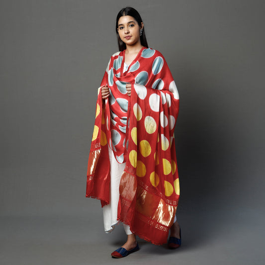 Red - Clamp Dyed Shibori Modal Silk Dupatta with Zari Border