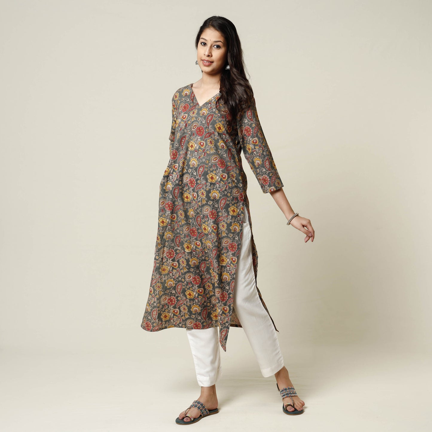 Grey - Kalamkari Printed Cotton Long Kurta