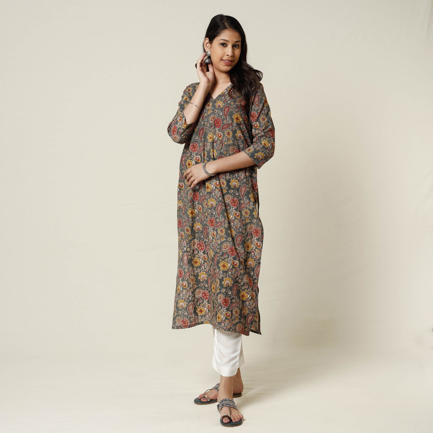 Grey - Kalamkari Printed Cotton Long Kurta