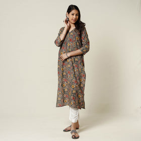 Grey - Kalamkari Printed Cotton Long Kurta