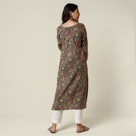Grey - Kalamkari Printed Cotton Long Kurta