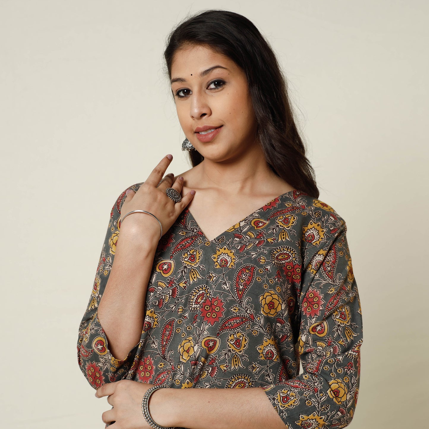 Grey - Kalamkari Printed Cotton Long Kurta