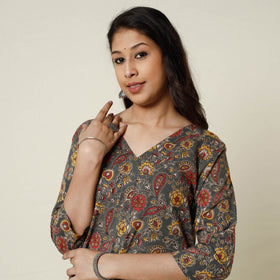 Grey - Kalamkari Printed Cotton Long Kurta