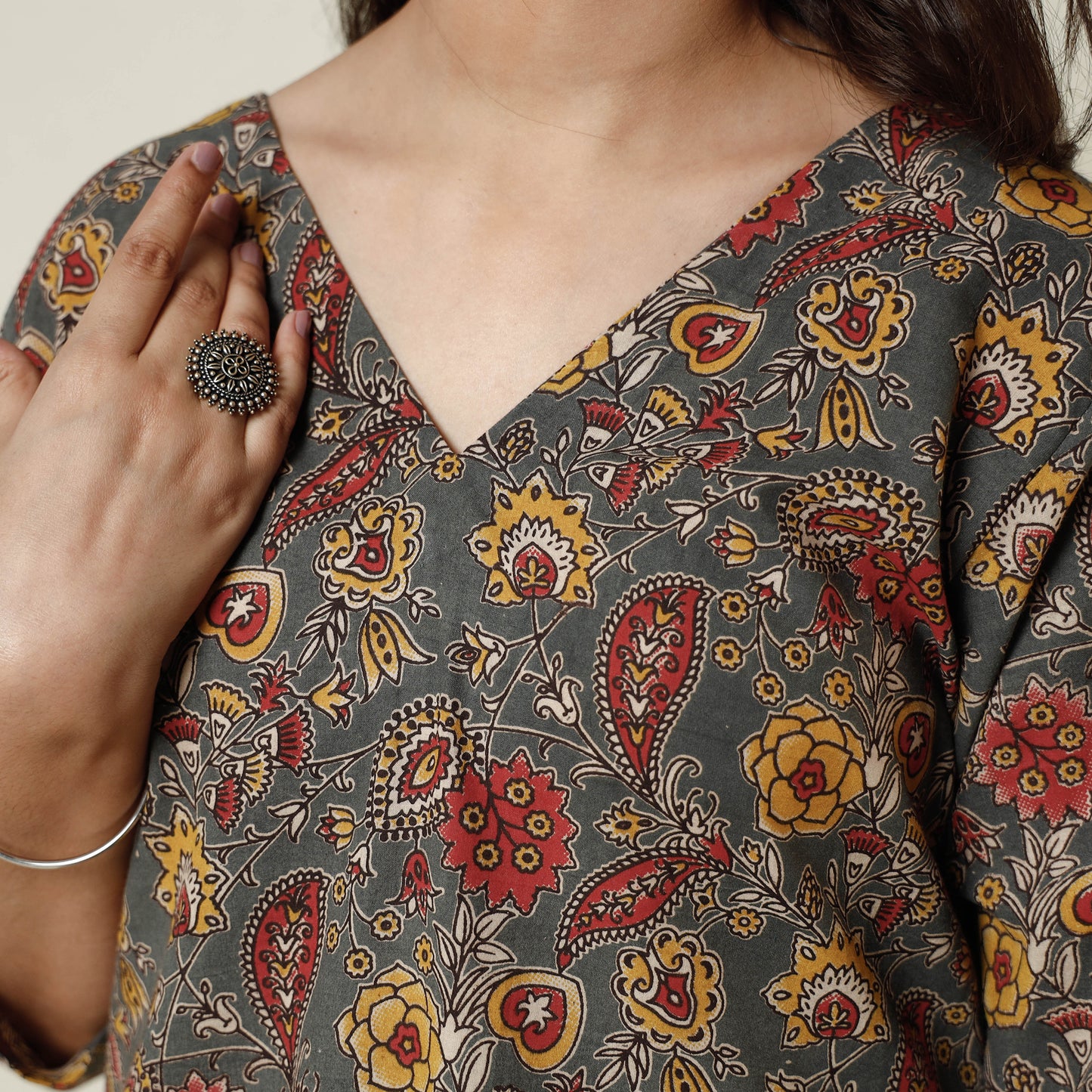 Grey - Kalamkari Printed Cotton Long Kurta