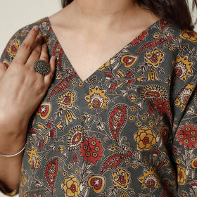 Grey - Kalamkari Printed Cotton Long Kurta