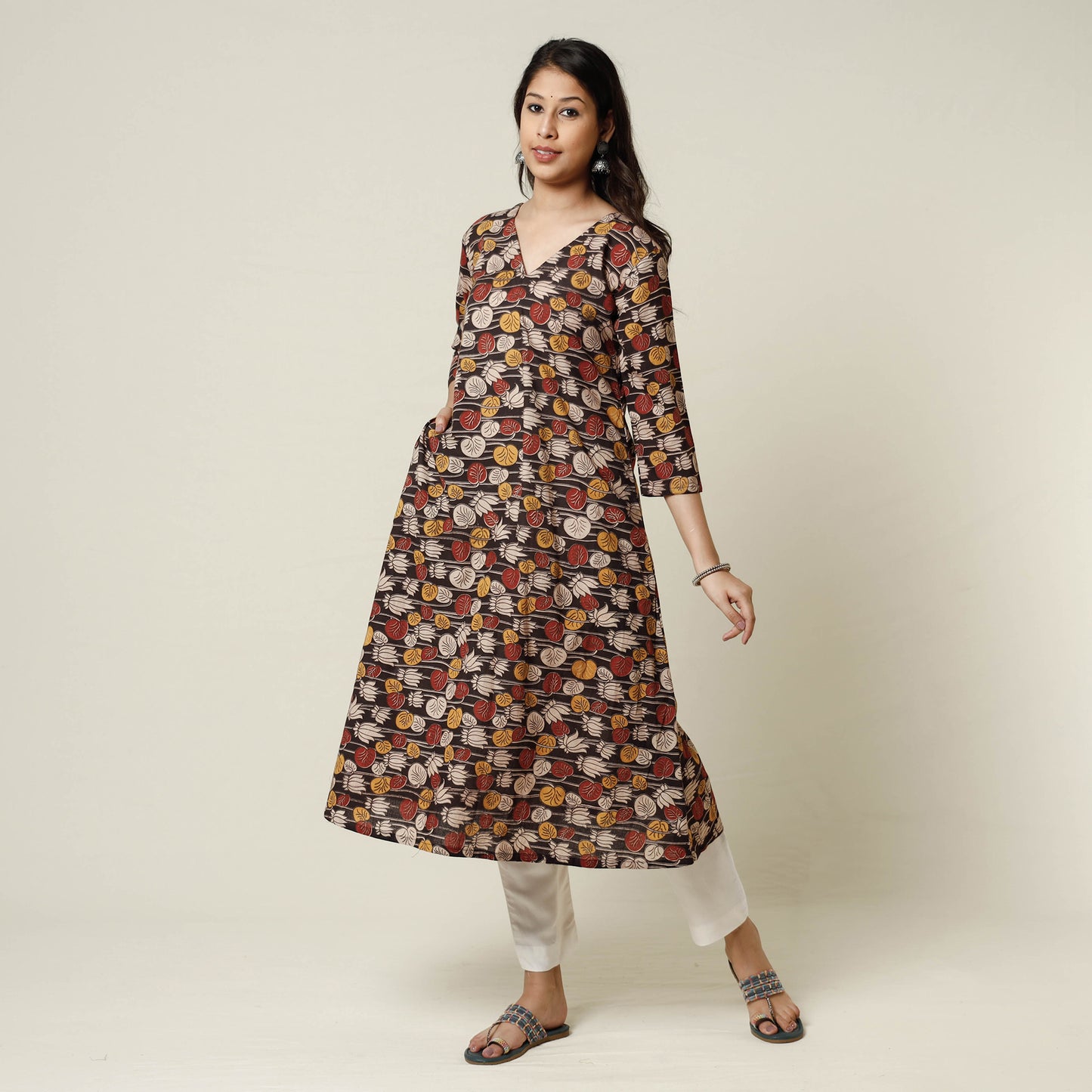 Brown - Kalamkari Printed Cotton Long Kurta