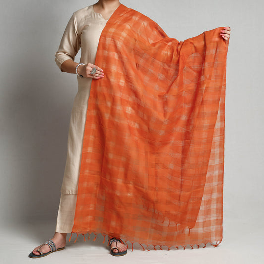 Orange - Mangalagiri Handloom Missing Checks Cotton Dupatta