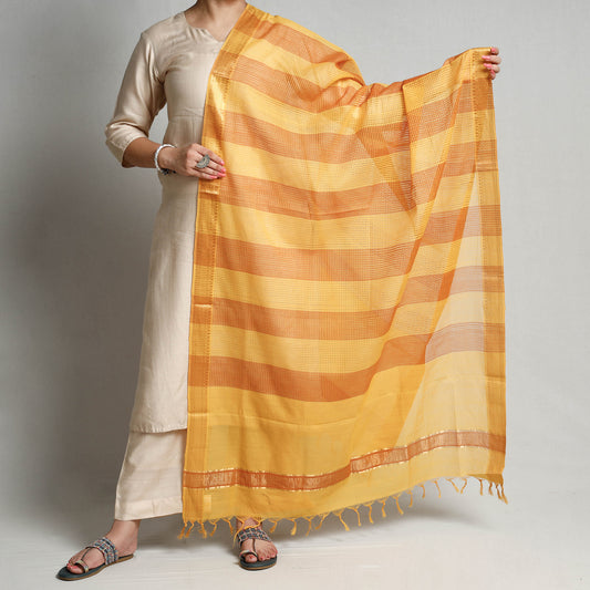 Yellow - Mangalagiri Handloom Cotton Dupatta with Zari Border