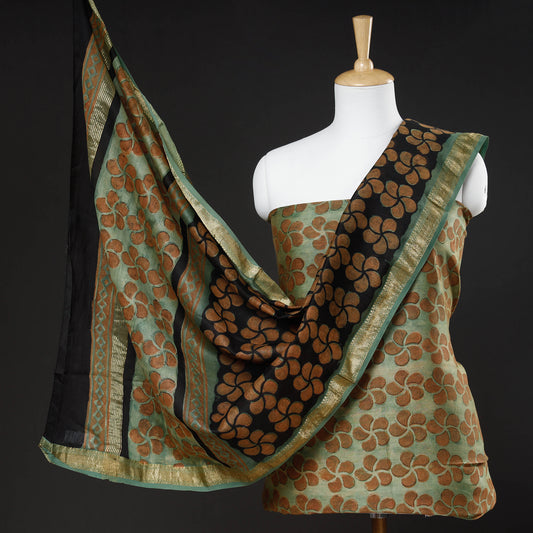 Green - 2pc Bagru Ajrakh Dabu Hand Block Print Maheshwari Silk Suit Material Set with Zari Border