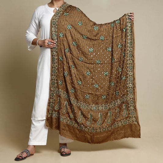 Brown - Kutch Bandhani Tie-Dye Modal Silk Zari Work Dupatta