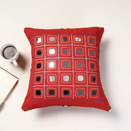 Red - Lambani Mirror Work Embroidery Cushion Cover (16 x 16 in)