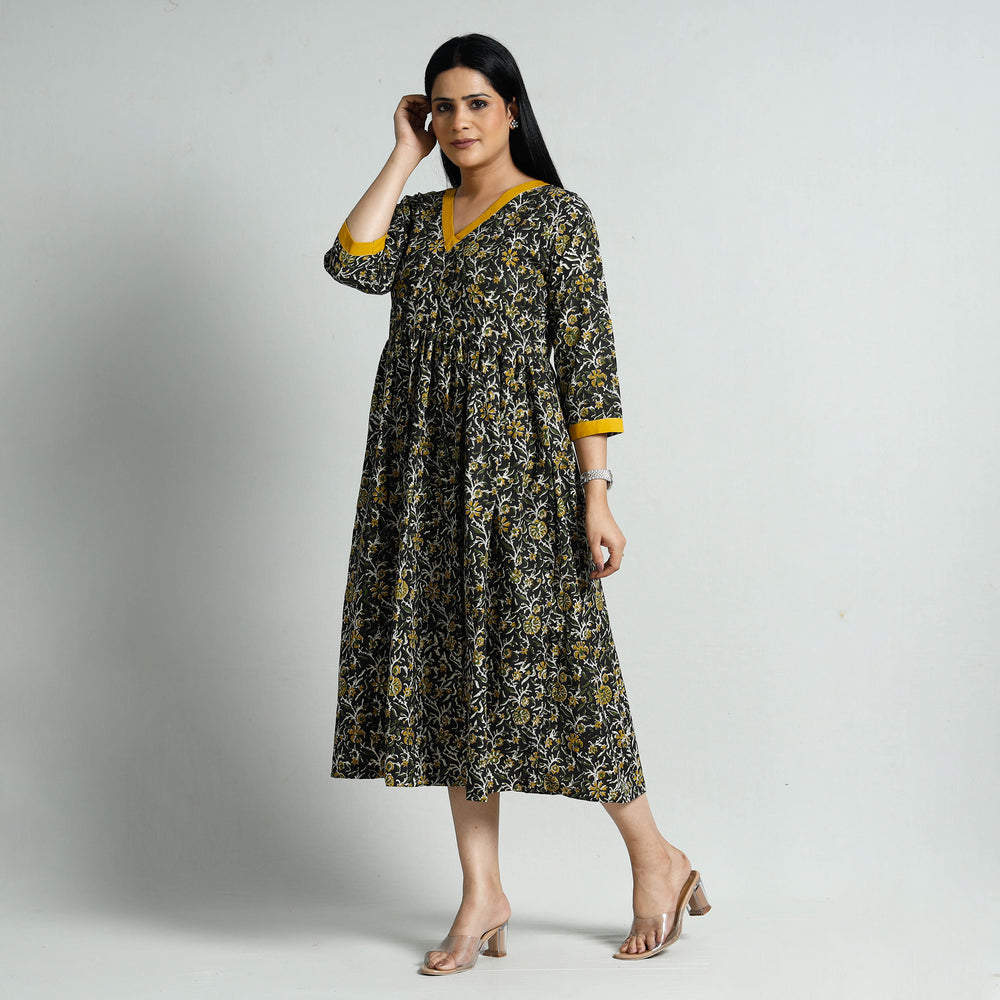 Black - Bagru Block Printed Cotton Flared Dress