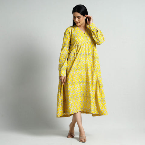 Yellow - Bagru Block Printed Cotton Flared Dress