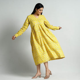 Yellow - Bagru Block Printed Cotton Flared Dress
