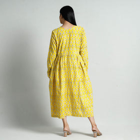 Yellow - Bagru Block Printed Cotton Flared Dress