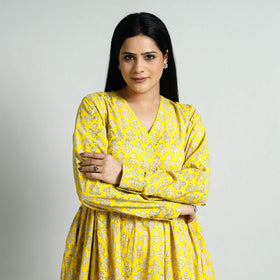 Yellow - Bagru Block Printed Cotton Flared Dress