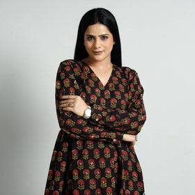 Black - Bagru Block Printed Cotton Flared Dress