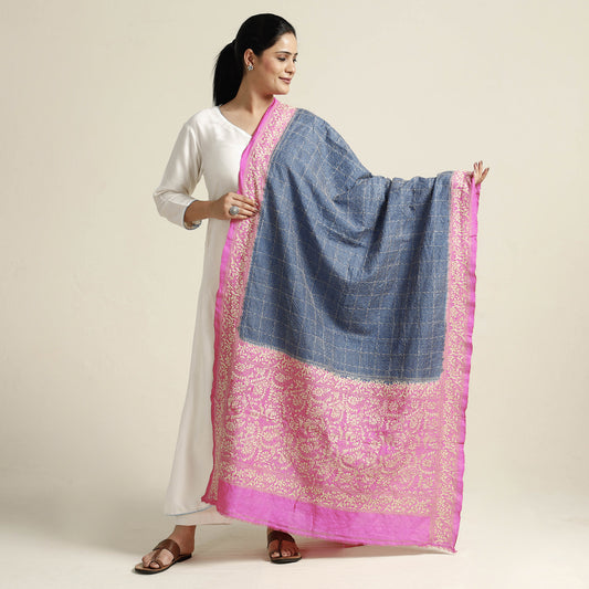 Blue - Bengal Kantha Embroidery Tussar Silk Handloom Dupatta