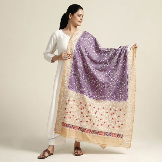 Purple - Bengal Kantha Embroidery Tussar Silk Handloom Dupatta