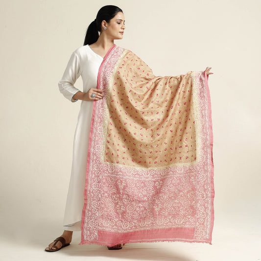 Yellow - Bengal Kantha Embroidery Tussar Silk Handloom Dupatta