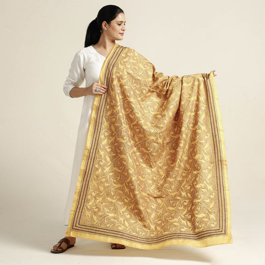 Yellow - Bengal Nakshi Kantha Embroidery Tussar Silk Handloom Dupatta