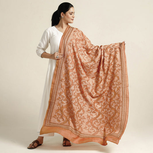Orange - Bengal Nakshi Kantha Embroidery Tussar Silk Handloom Dupatta