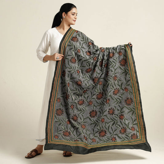 Green - Bengal Nakshi Kantha Embroidery Tussar Silk Handloom Dupatta