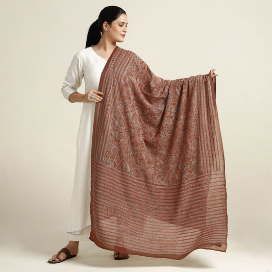 Brown - Bengal Nakshi Kantha Embroidery Tussar Silk Handloom Dupatta