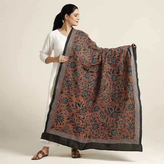 Orange - Bengal Nakshi Kantha Embroidery Tussar Silk Handloom Dupatta