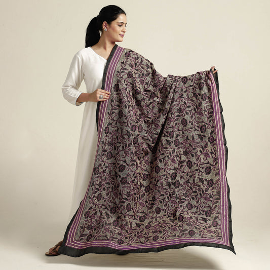 Black - Bengal Nakshi Kantha Embroidery Tussar Silk Handloom Dupatta