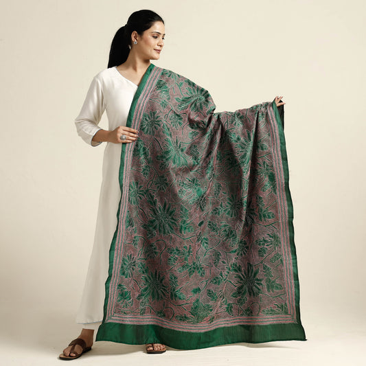 Green - Bengal Nakshi Kantha Embroidery Tussar Silk Handloom Dupatta