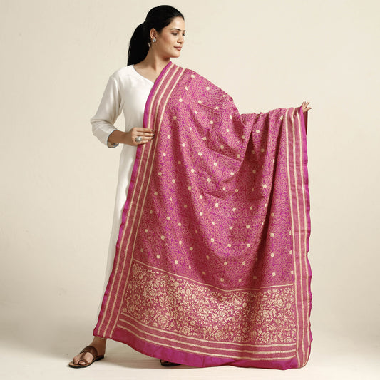 Pink - Bengal Kantha Embroidery Tussar Silk Handloom Dupatta