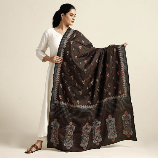 Brown - Bengal Kantha Embroidery Tussar Silk Handloom Dupatta