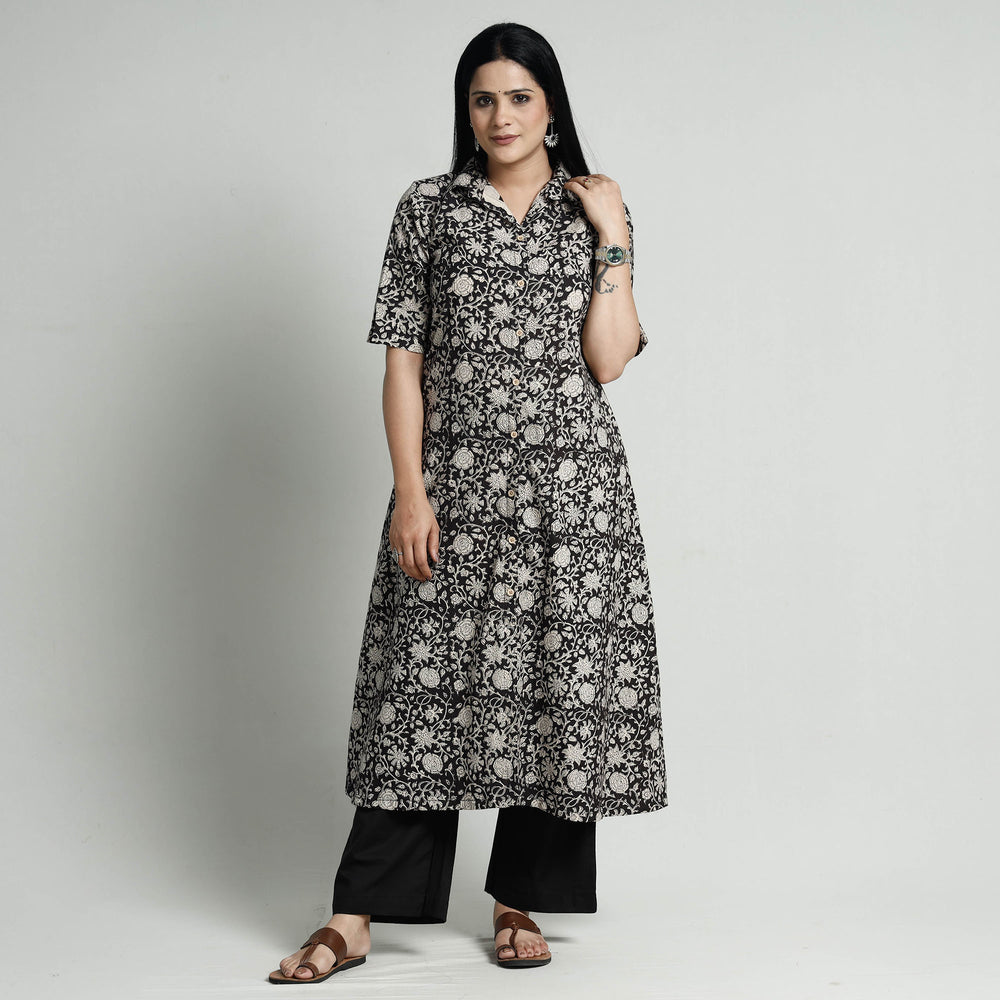 Black - Bagru Block Printed Cotton Kurta with Palazzo Set