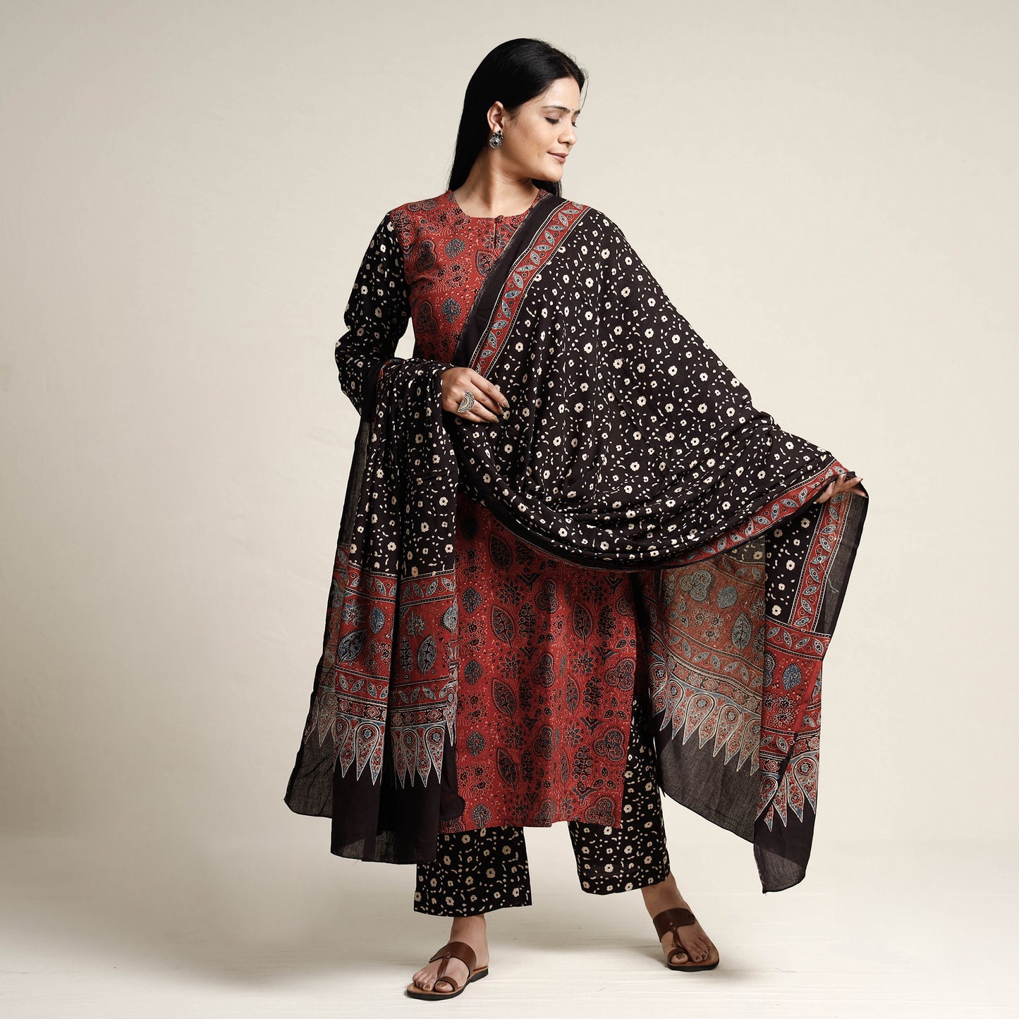 Red - Ajrakh Block Printed Cotton Kurta with Palazzo & Dupatta Set