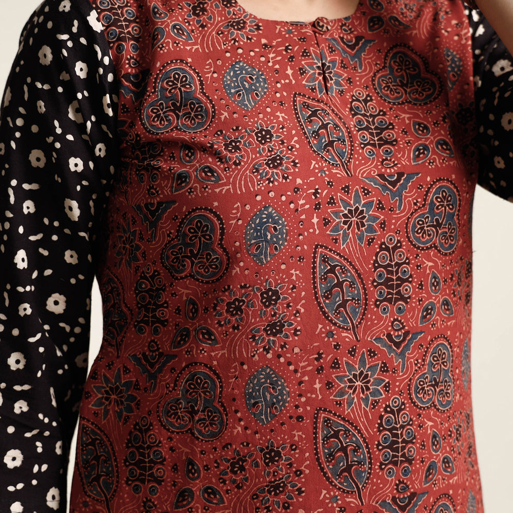 Red - Ajrakh Block Printed Cotton Kurta with Palazzo & Dupatta Set