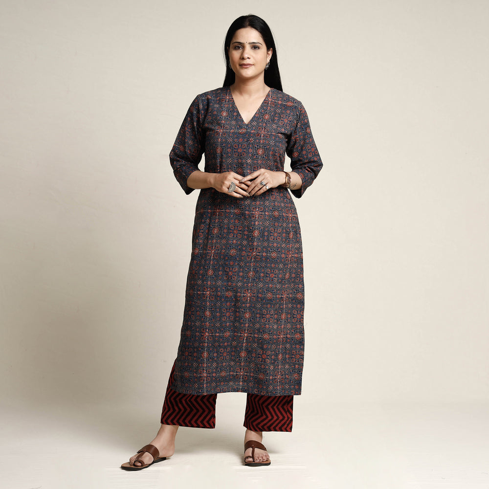 Blue - Ajrakh Block Printed Cotton Kurta with Palazzo & Dupatta Set