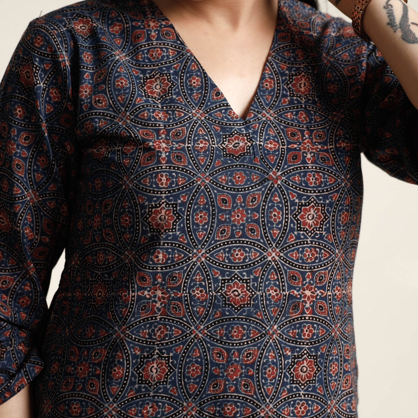 Blue - Ajrakh Block Printed Cotton Kurta with Palazzo & Dupatta Set