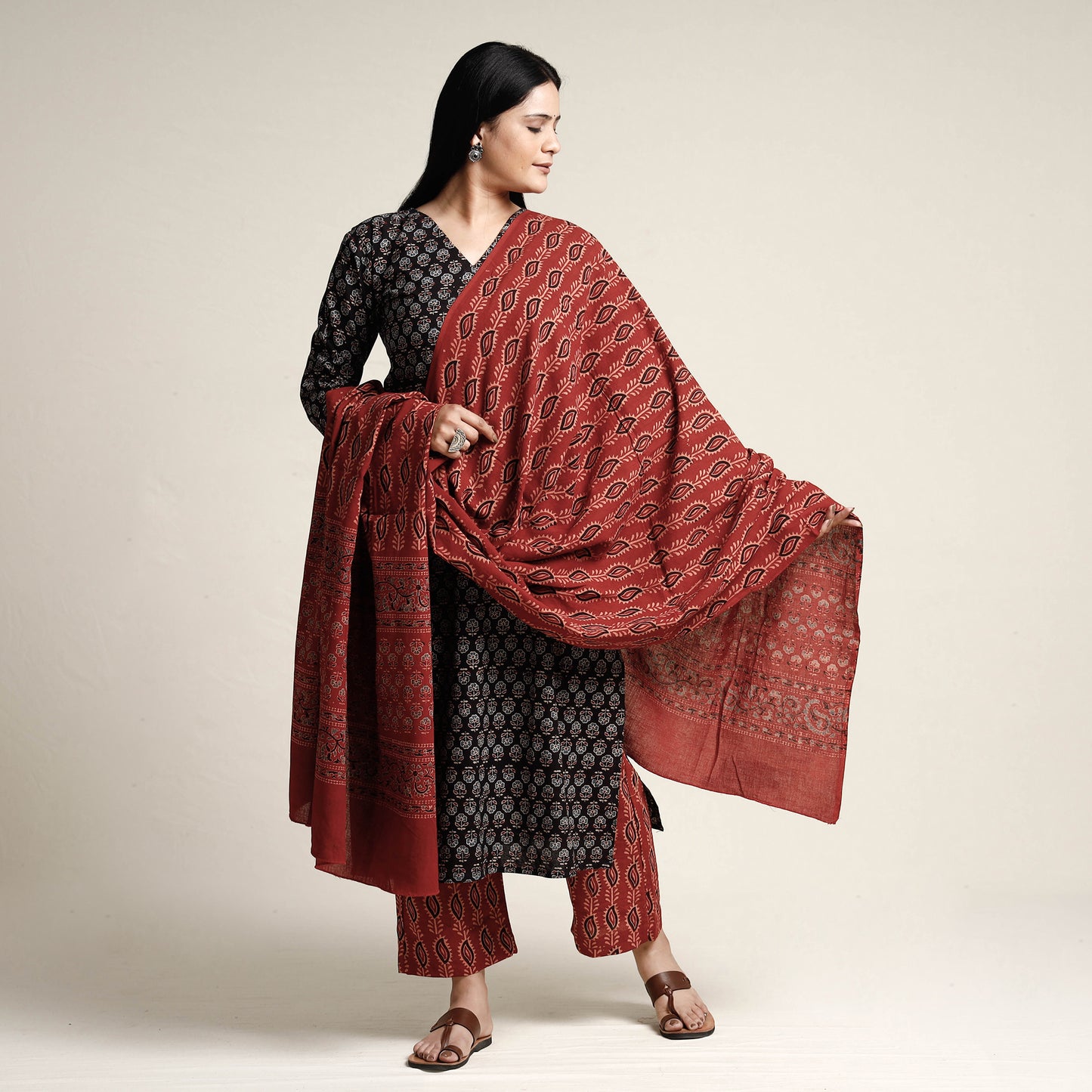 Black - Ajrakh Block Printed Cotton Kurta with Palazzo & Dupatta Set