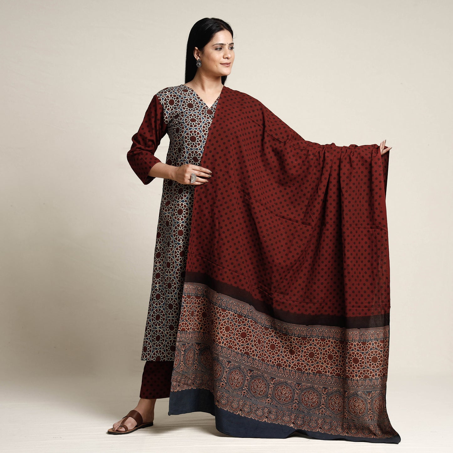 Black - Ajrakh Block Printed Cotton Kurta with Palazzo & Dupatta Set