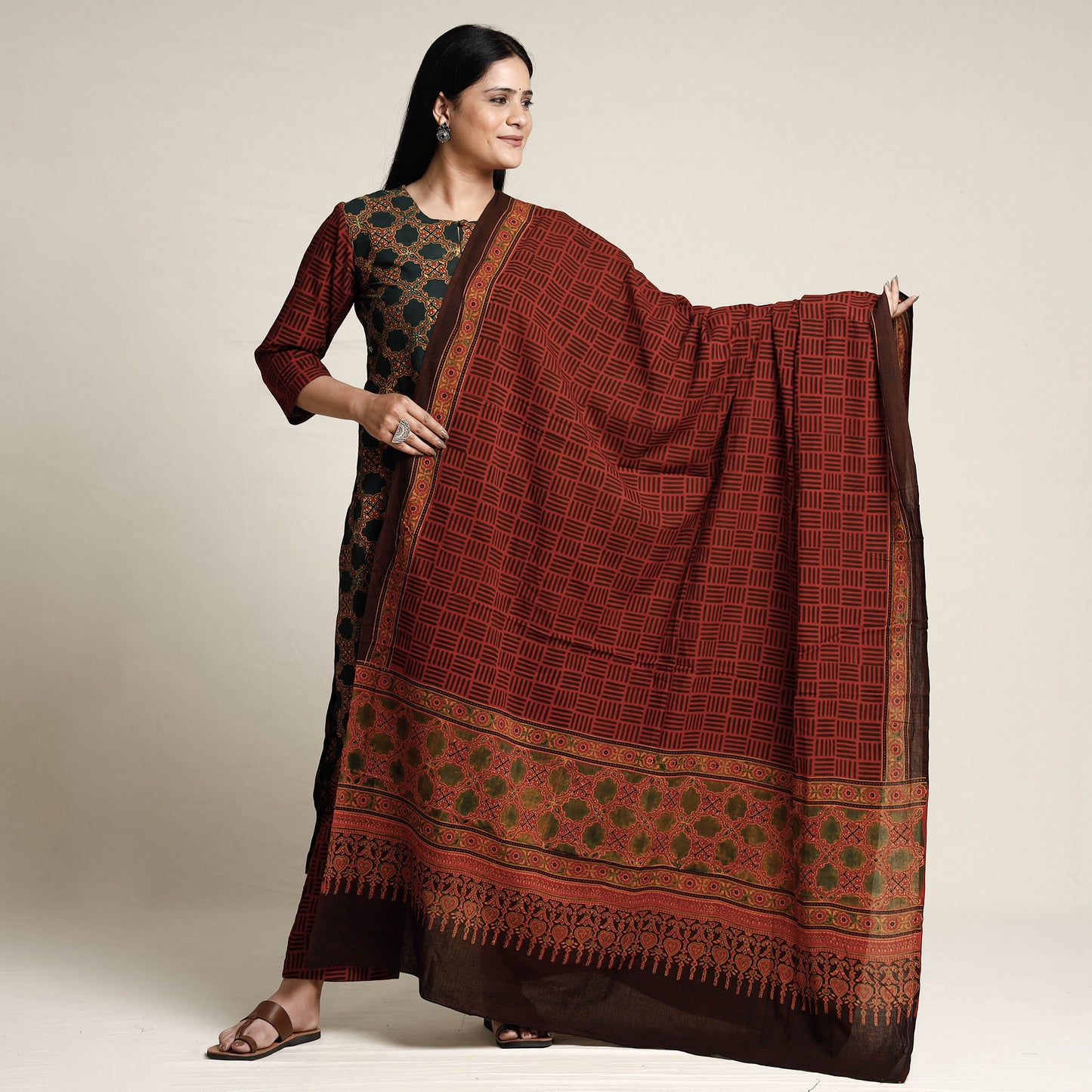 Ajrakh Block Printed Cotton Kurta with Palazzo & Dupatta Set