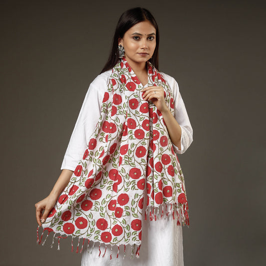 White With Red Flowers Sanganeri Block Printing Cotton Stole with Tassels