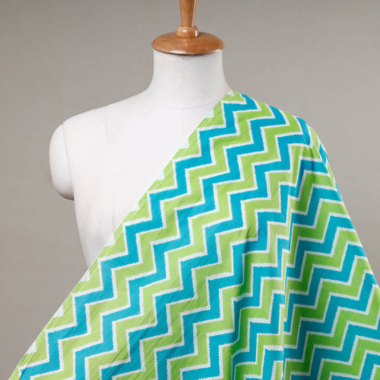 Multicolor - Green & Blue Chevron Pattern Cotton Sanganeri Print Fabric