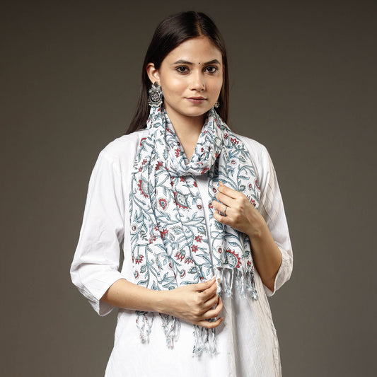 Grey - Blue Lianas with Red Flower Sanganeri Block Printed Cotton Stole with Tassels