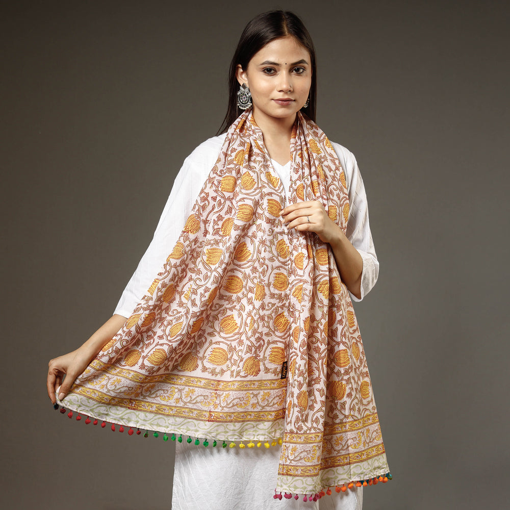 Yellow - Sanganeri Block Print Cotton Stole with Pom Pom 11