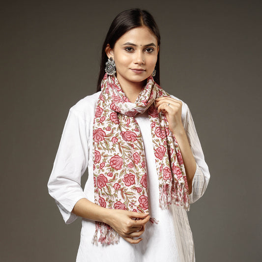 Pink - Red Lily Flowers Sanganeri Block Printed Cotton Stole