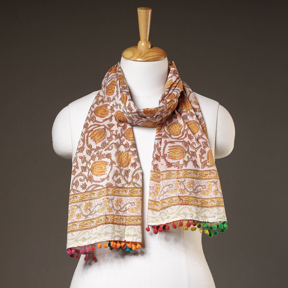 Yellow - Sanganeri Block Print Cotton Stole with Pom Pom 11