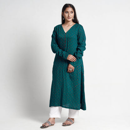 Dark Persian Green Bandhani Tie-Dye Cotton A-Line Kurta