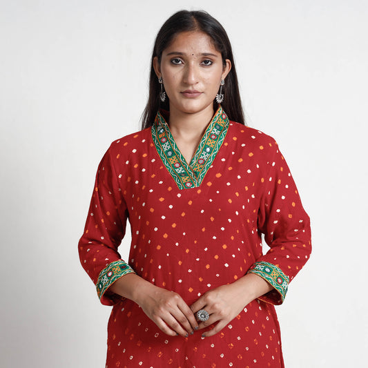 Red Bandhani Tie-Dye Cotton A-Line Kurta